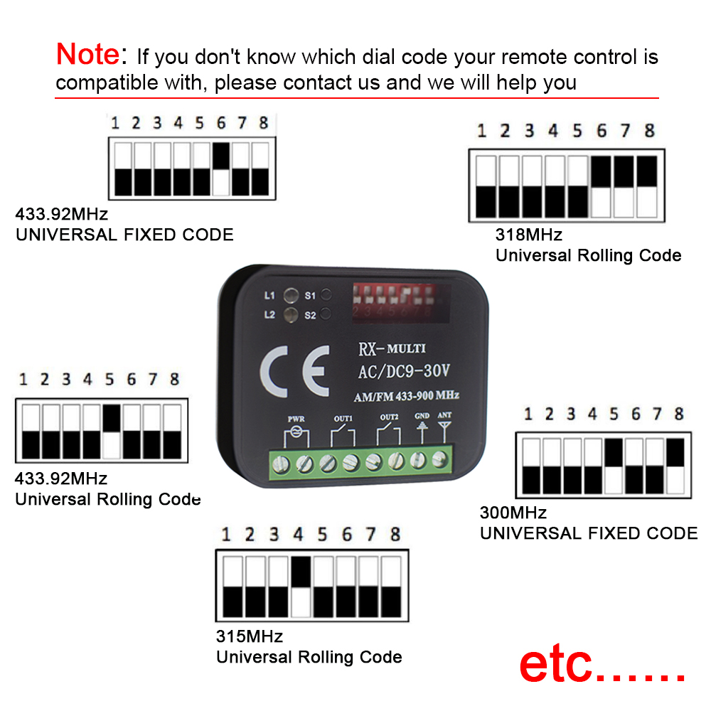 Universal RX Multi Frequency 300-868MHz Garage Door Remote Control Receiver 2 CH Controller Switch Opener For 433 868 MHz