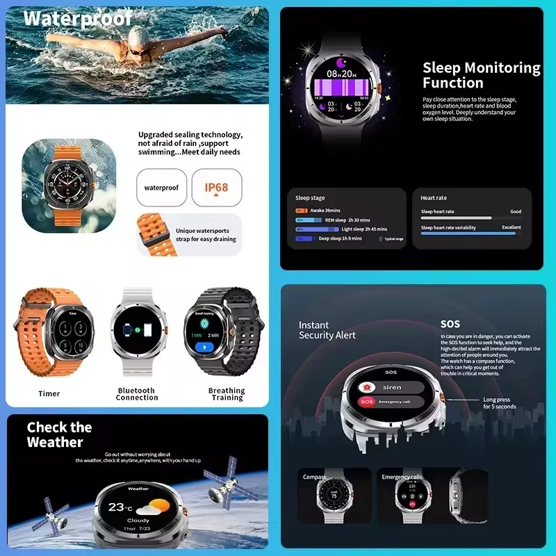 Galaxy Watch 7 Ultra GPS Compass NFC Smart Watch 47mm Clone Version AMOLEL BT Call lP68 Galaxy 6 Upgraded Smartwatch for Samsung