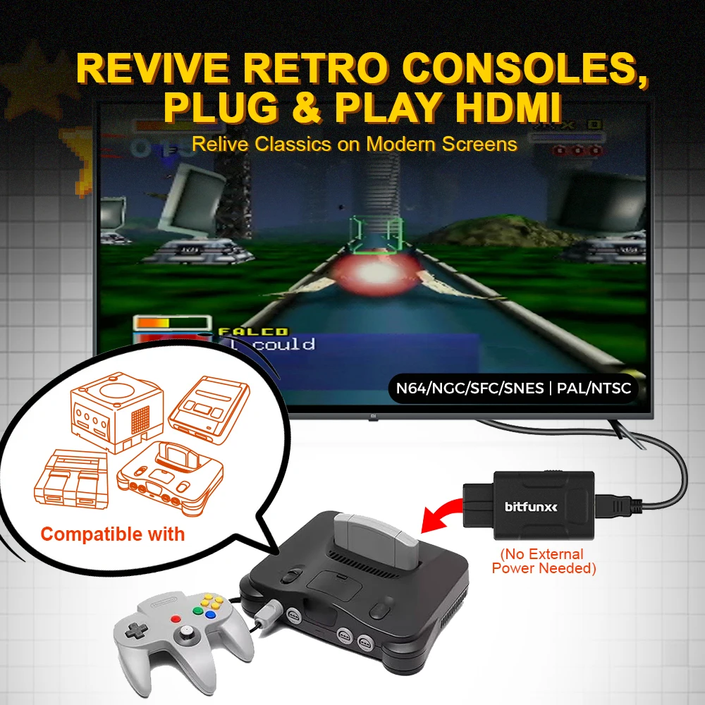 Bitfunx Mini 720P 1080P Adattatore HDMI 4:3/16:9 Composito S-Video automatico per console di gioco N64 SNES SFC NGC