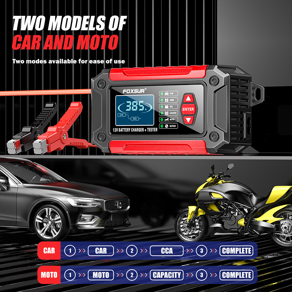 Nuevo sistema de cargador de batería de coche inteligente 2 en 1, analizador de batería de motocicleta y coche para baterías de litio LiFePo4 de GEL AGM de ácido de plomo