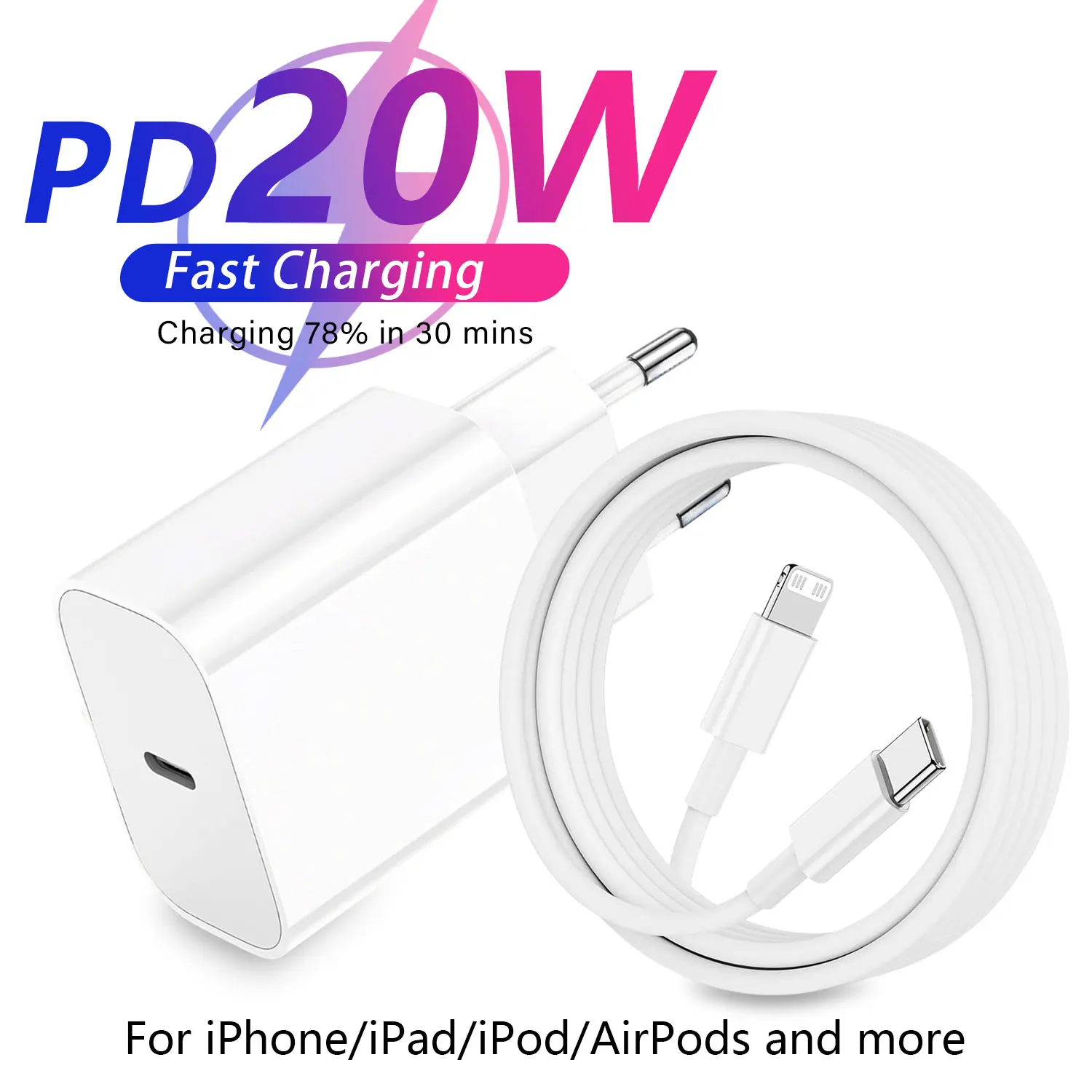 PD 20W Caricabatterie veloce per iPhone 14 14 Pro 14 Pro Max 14 Plus XS XR X SE Adattatore USB C Tipo C Cavo per iPhone 13 Pro Max 12 Mini 11 Pro iPad ricarica veloce Data Cavo caricabatterie da parete Plug