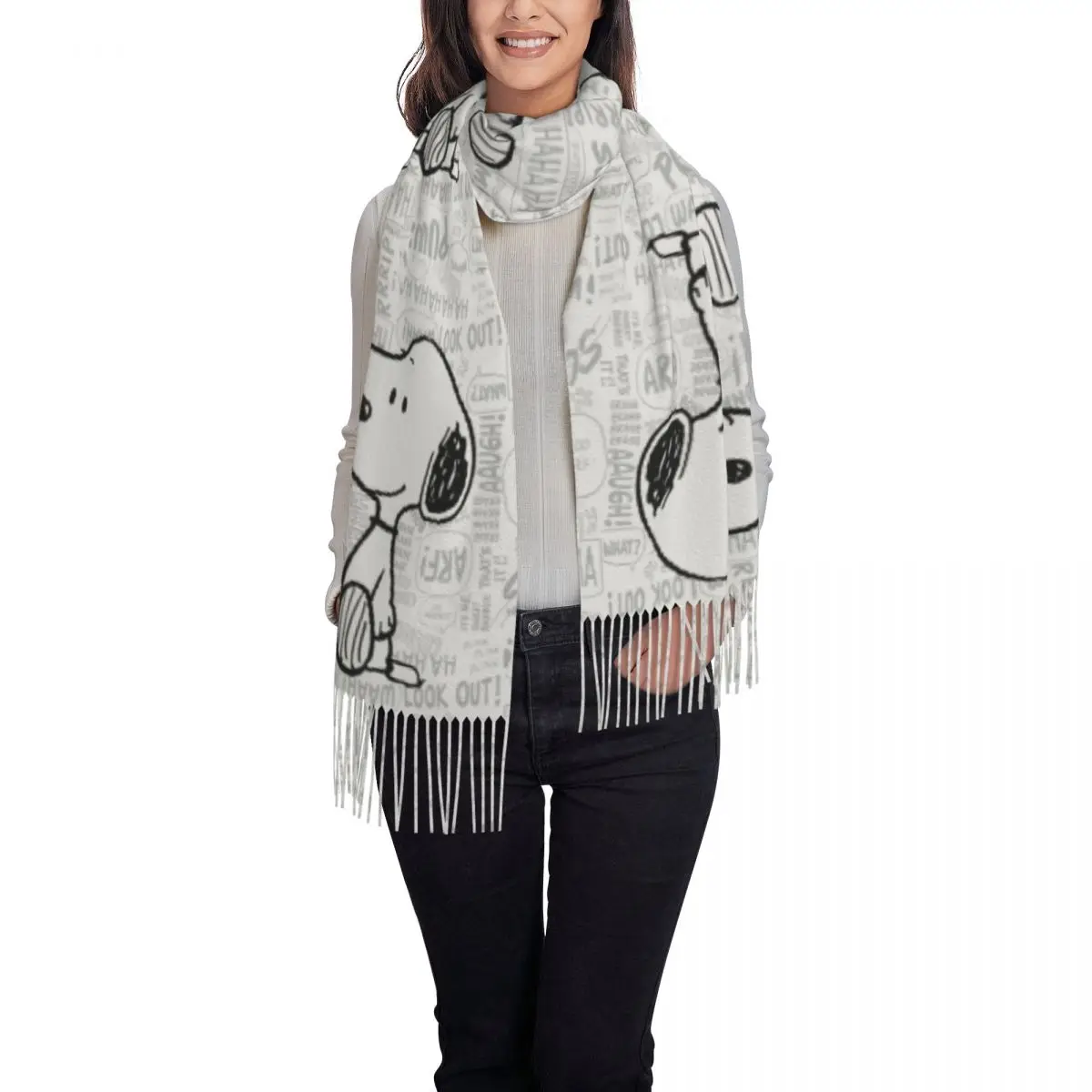 Bufanda con estampado personalizado de Snoopy en negro y blanco para hombre y mujer, bufandas cálidas para invierno y otoño, chal de maní