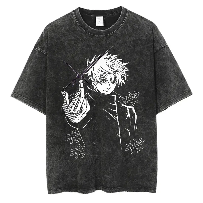 アニメウォッシュ Tシャツ原宿夏綿 100% 半袖オーバーサイズ Tシャツヴィンテージストリート Tシャツ