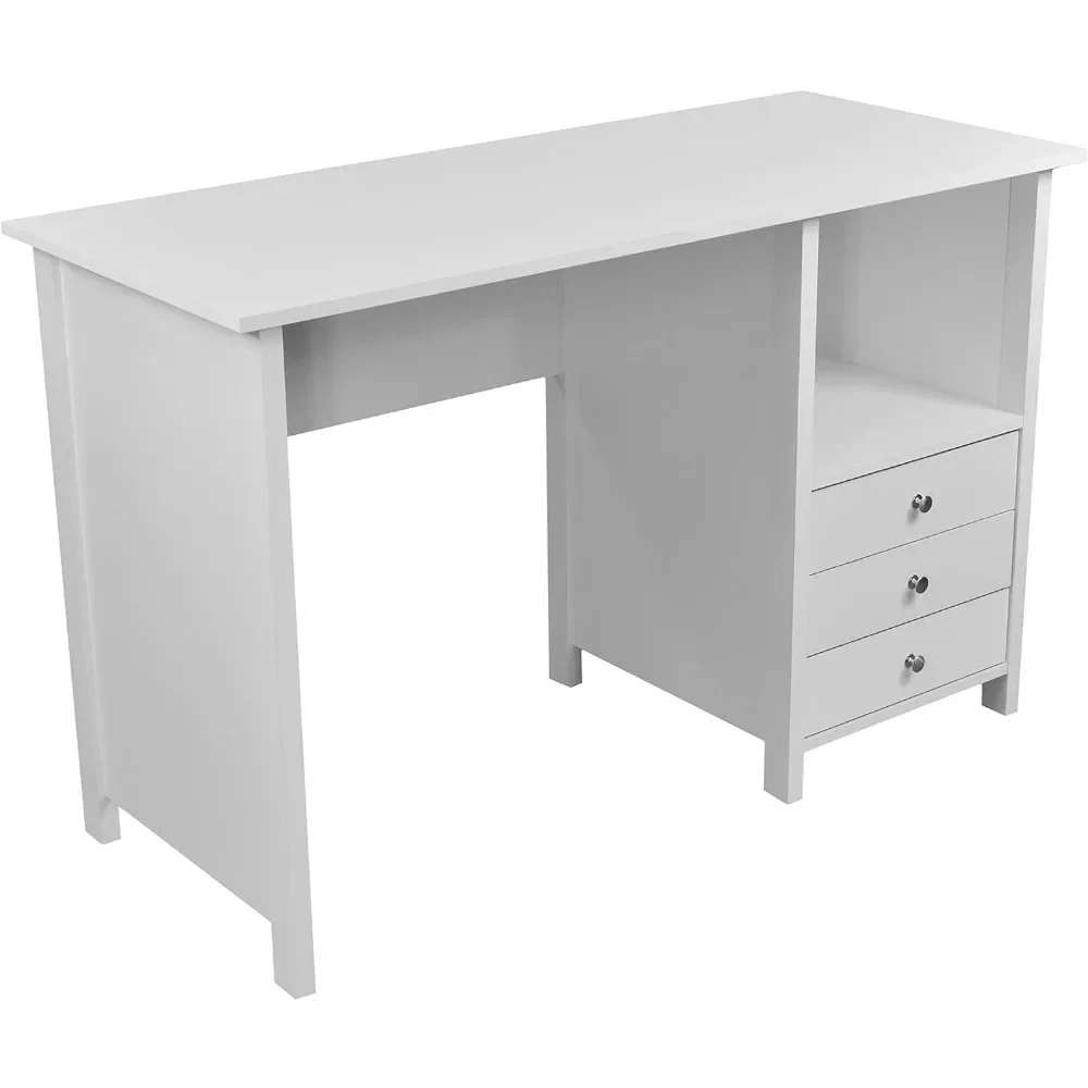 White Desk with Drawers - Small Office Desk with 3 Cabinet Drawers, Open Shelf, & Laminated Wooden Panels Office & Study Table