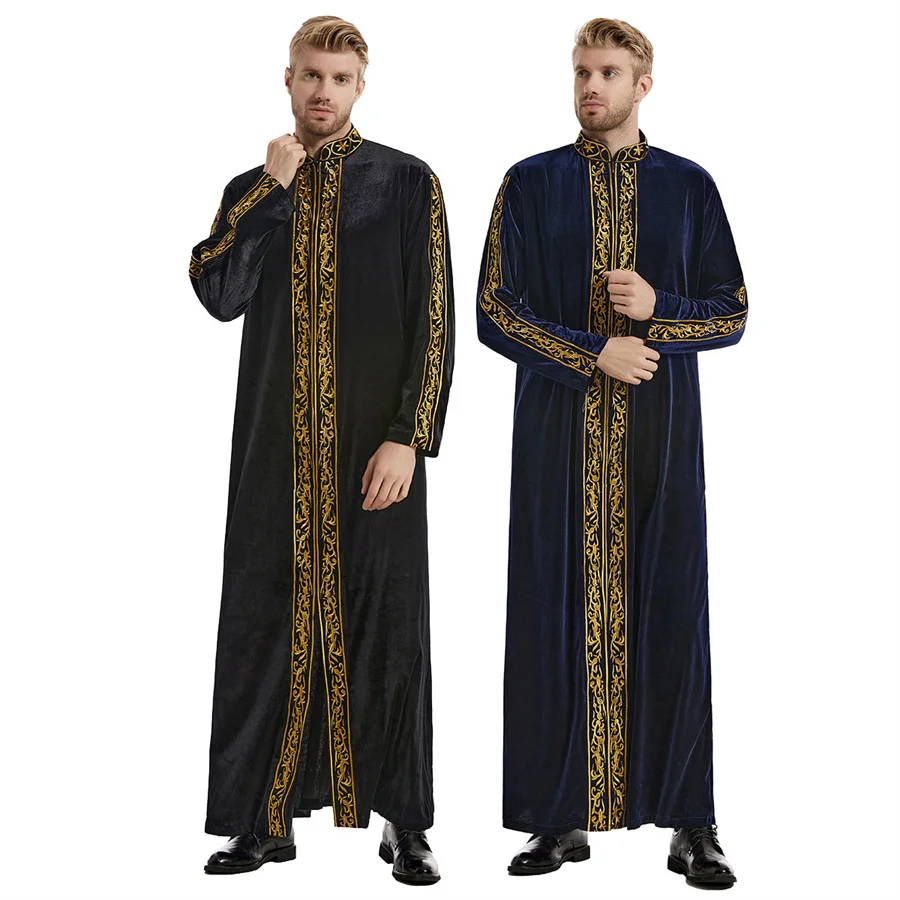 Muslimischer Kaftan für Herren, Stehkragen, Stickerei, Ramadan-Thobe mit langen Ärmeln, islamische Robe, Kaftan, Thawb, Dubai, knöchellange Abaya