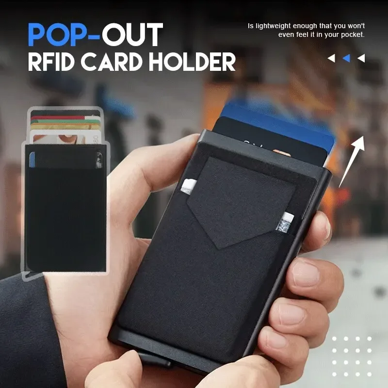 Rfid สมาร์ทบัตรเครดิตผู้ถือกระเป๋าสตางค์โลหะ Slim Pop Up Minimalist กระเป๋าสตางค์ผู้ชายสีดํากระเป๋าถือชายเงินกระเป๋า Carteira Masculina