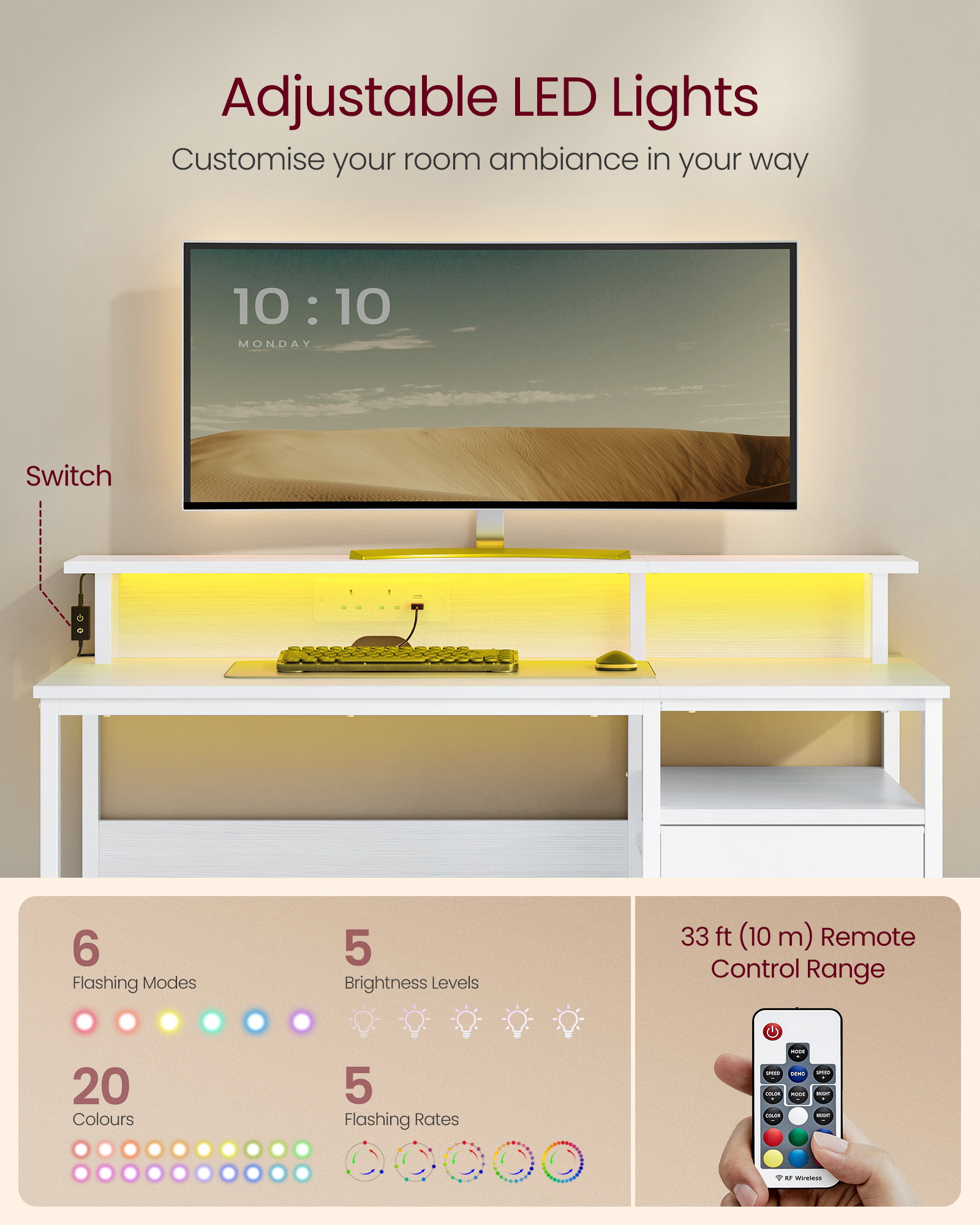 VASAGLE Computer Desk with Fabric Drawers, Study Desk, LED Lighting, 55 x 120 x 90 cm, Built-in Power Outlets, 2 USB-A Ports