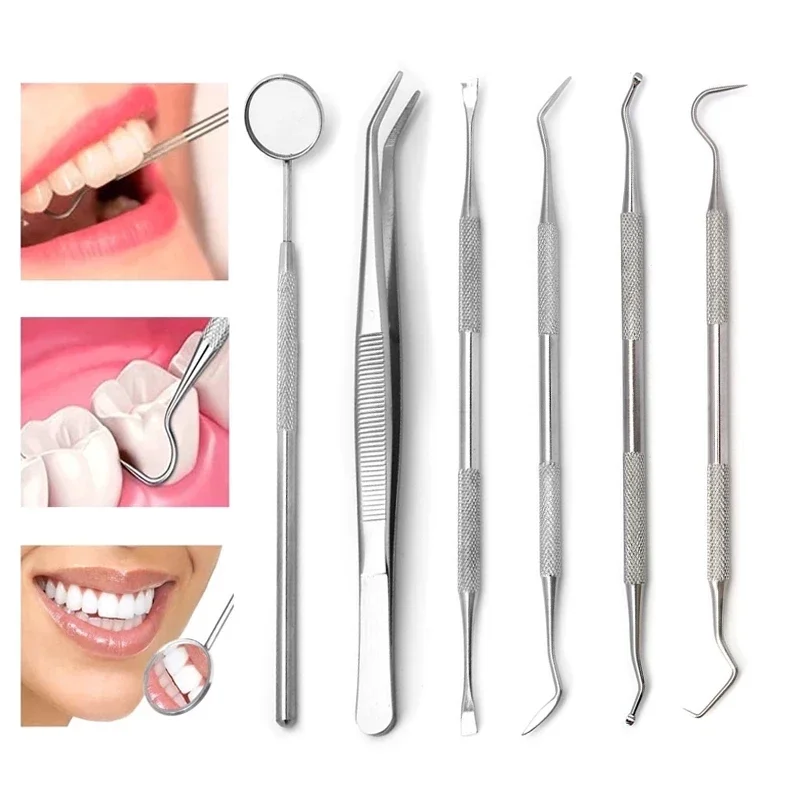 Strumenti per la pulizia del dentista in acciaio inossidabile Specchio dentale Doppia sonda Falce Zappa Detergente per denti Prodotti per strumenti dentali Kit per l'igiene orale