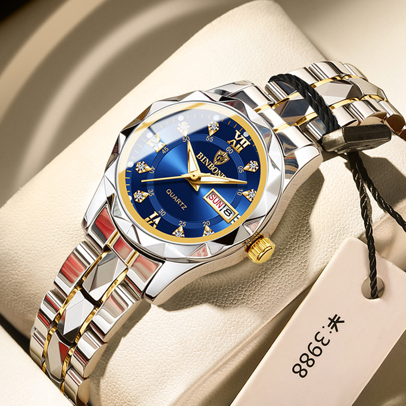 BINBOND-relojes de pareja originales para amantes, reloj de pulsera luminoso resistente al agua de lujo, correa de acero inoxidable, femenino