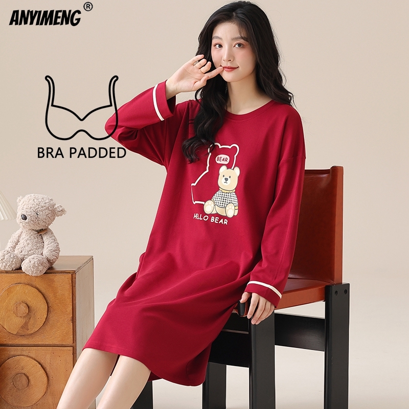 M-5XL Plus Größe Herbst Frühling Frauen Lange Nachthemden Pullover Lose Bh Gepolsterte Sleep Casual Baumwolle Nachthemd Freizeit Hemd