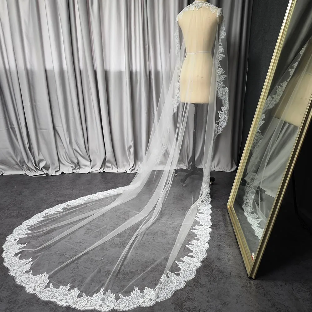 Véu de casamento romântico personalizado com renda de cílios, véu de noiva com pente oculto, 3m de comprimento, 1.5m de largura, marfim, camada única