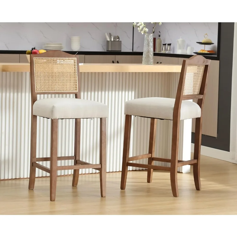 Counter Height Bar Stools Set of 2 Farmhouse Barstools with Rattan Back Linen Upholstered Bar Chairs Mid Century Wood Breakfast