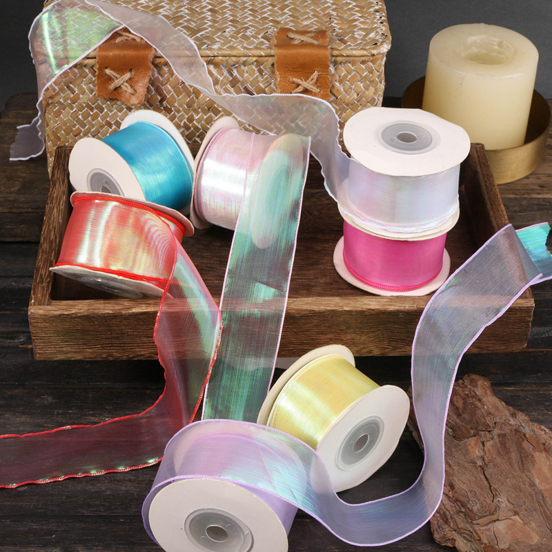 40mm 10Yards Fishtail Organza Lint Reflecterende Iriserende Golvende Rand Lint voor Cadeaupapier DIY Boog Boeket Voile linten