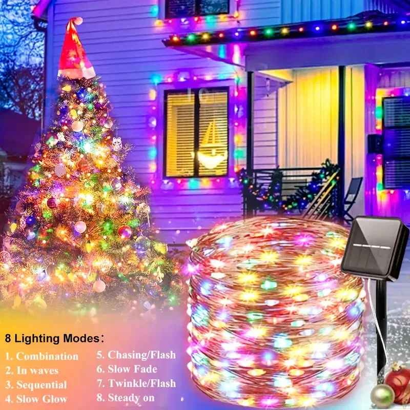 ไฟโซลาร์เซลล์กลางแจ้งแบบสาย LED ไฟประดับโซลาร์เซลล์กันน้ำ 8 โหมด สำหรับสวน ต้นไม้ งานปาร์ตี้ งานแต่งงาน คริสต์มาส