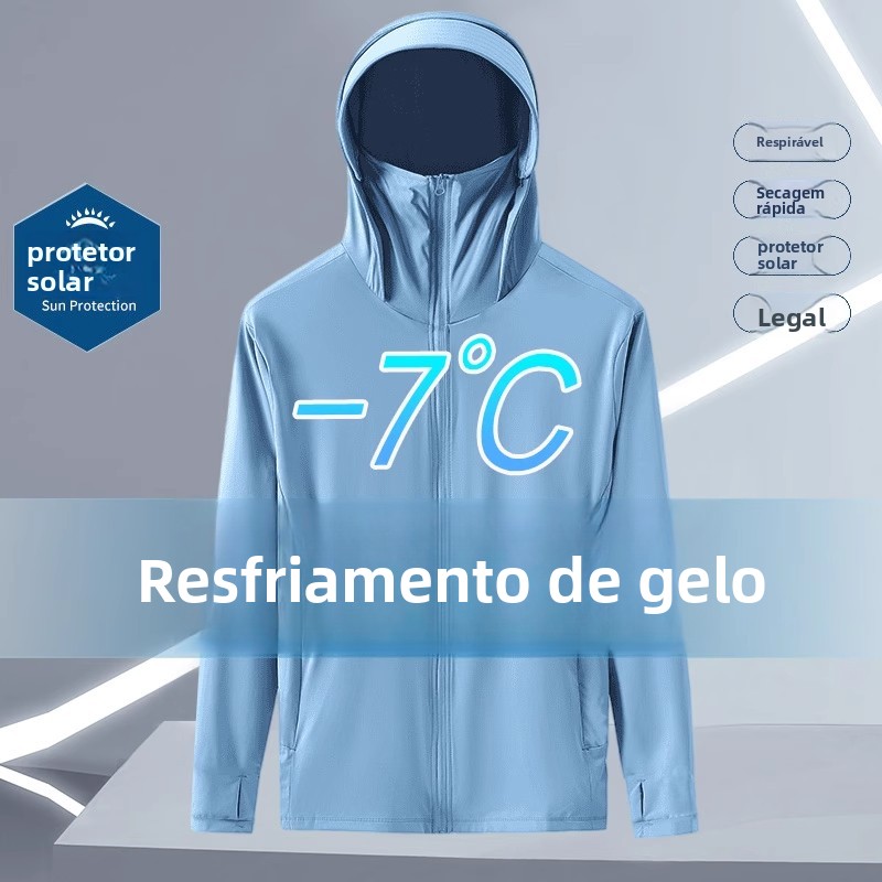 Roupa de Proteção Solar com Capuz em Seda Gelada para o Verão, Proteção UV, Moda Masculina para Pesca, Sem Marca