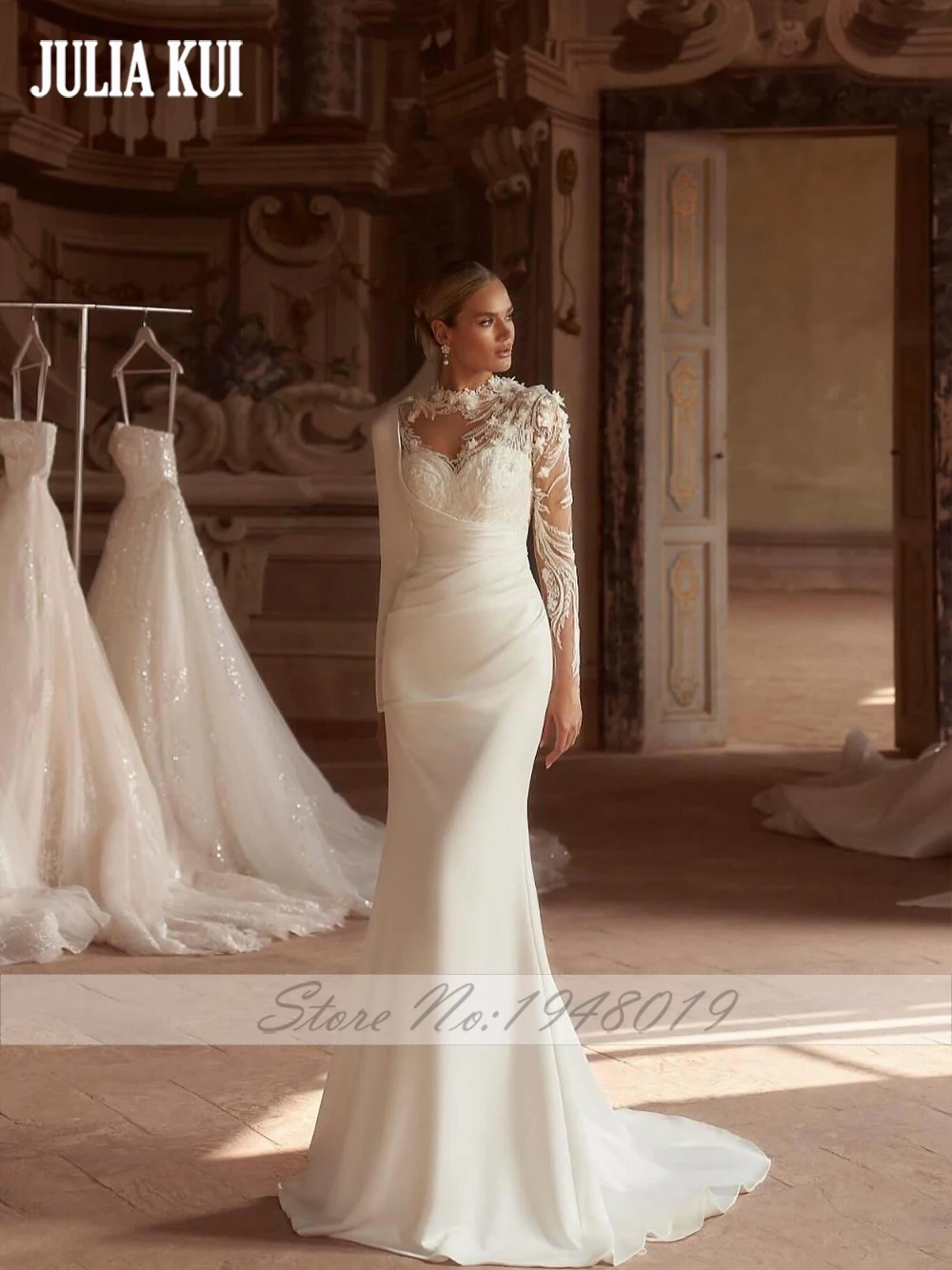 Julia Kui Abiti da sposa 2 in 1 su misura Abiti da sposa a tromba con applicazioni di eleganza e pieghe in pizzo