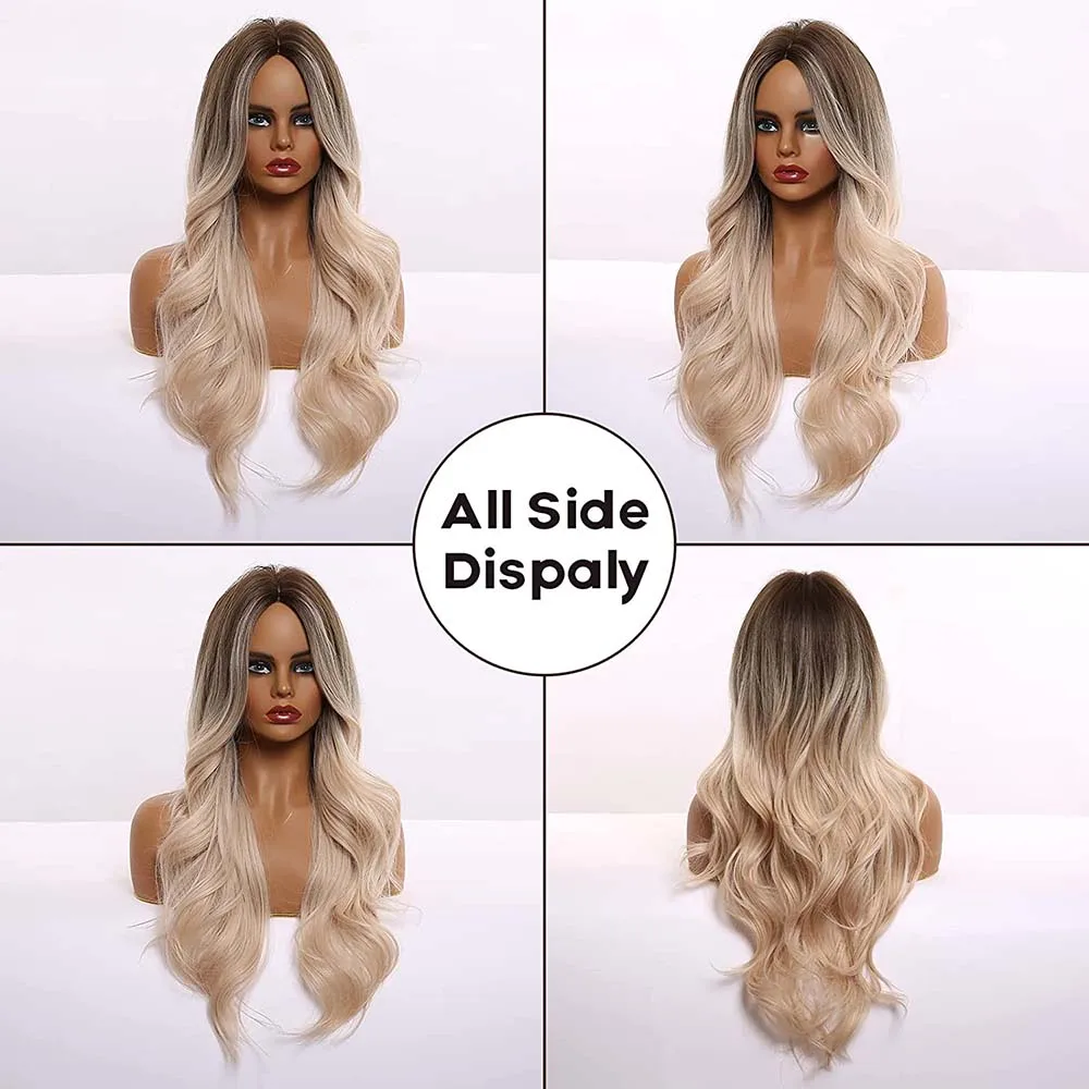 Easihair ombre marrom luz loira platina longo ondulado parte média peruca de cabelo cosplay natural resistente ao calor peruca sintética para mulher