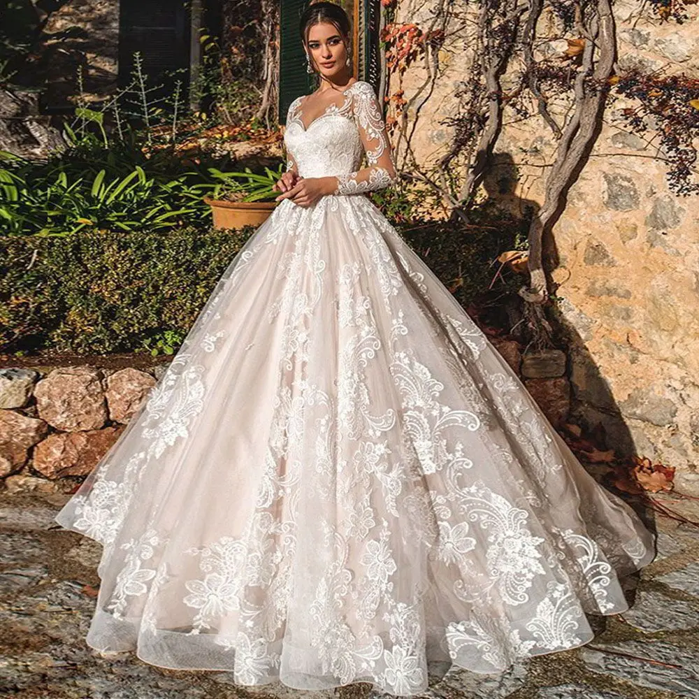 Abito da ballo di lusso personalizzato Abiti da sposa Appliques Vestido De Noiva Abiti da sposa a maniche lunghe in pizzo Robe De Mariée