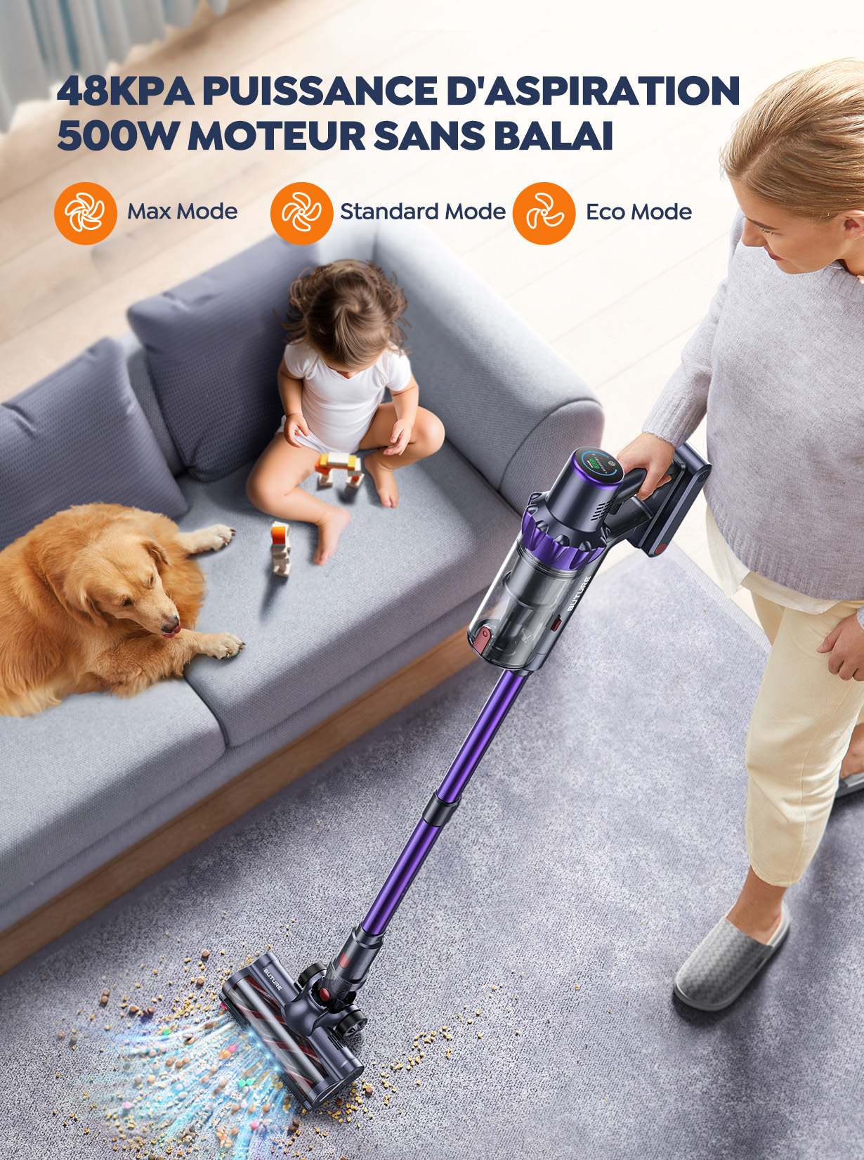 BUTURE Aspirateur sans fil à aspiration automatique, tasse à poussière de 1,5 L, 48Kpa, 500W, déterminer les poils d'animaux, tapis, sol dur