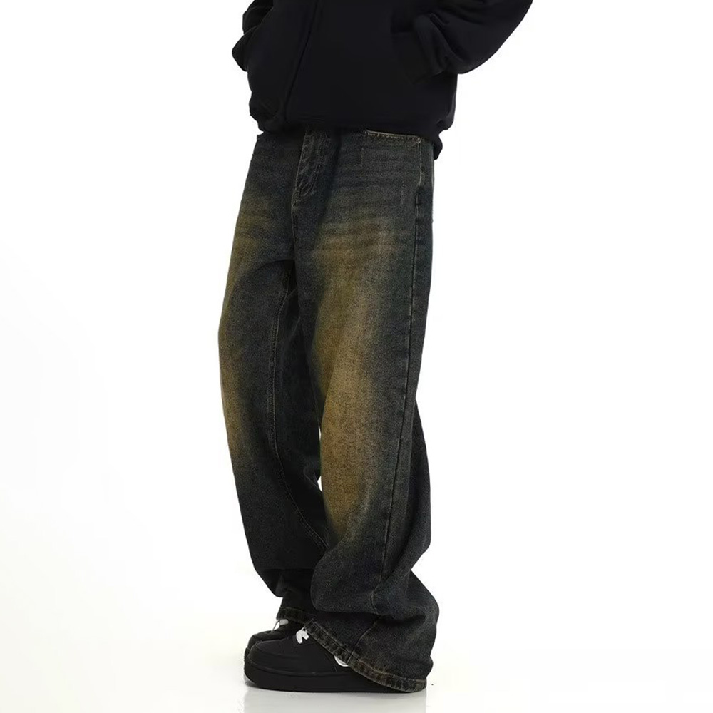 Mens Retro Casual ล้างกางเกงยีนส์บุคลิกภาพอเมริกัน Streetwear ตรงอเนกประสงค์กางเกงแฟชั่นเสื้อผ้าผู้ชายกางเกงยีนส์ฤดูร้อน