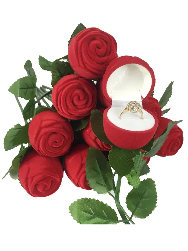 Flocked Rose Ring Box Long Root Rose Earring Ring Storage Box High-end Gift Box Engagement Ring Storage Box