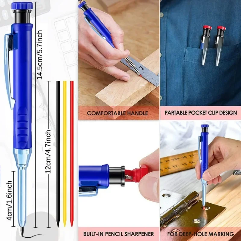 Lápiz mecánico de carpintero sólido para construcción de carpintería, lápiz de carpintero de cabeza larga con sacapuntas, suministros de papelería