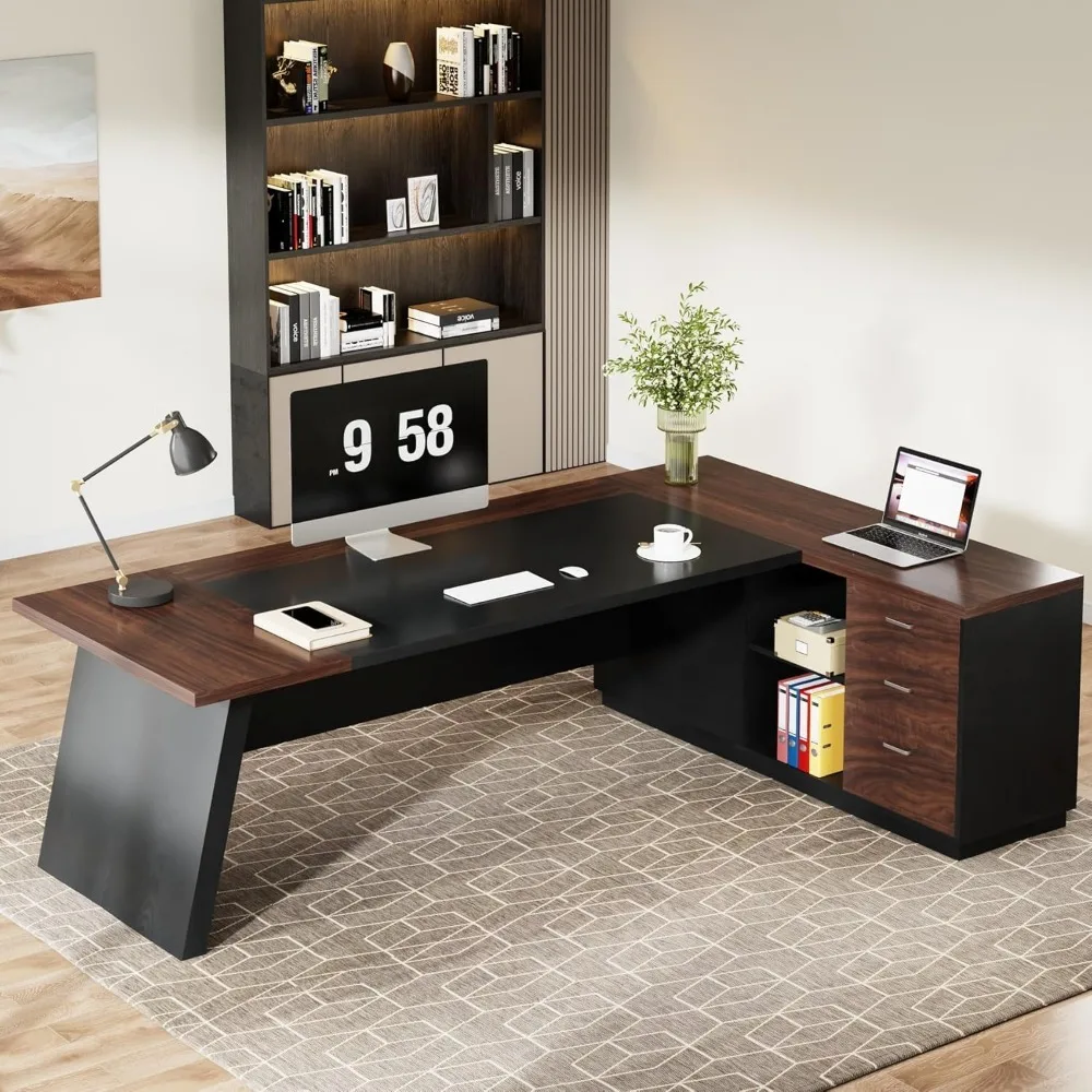 78" L-Shaped Executive Desk, Large Office Desk with Drawers and Lateral File Cabinet, Computer Desks