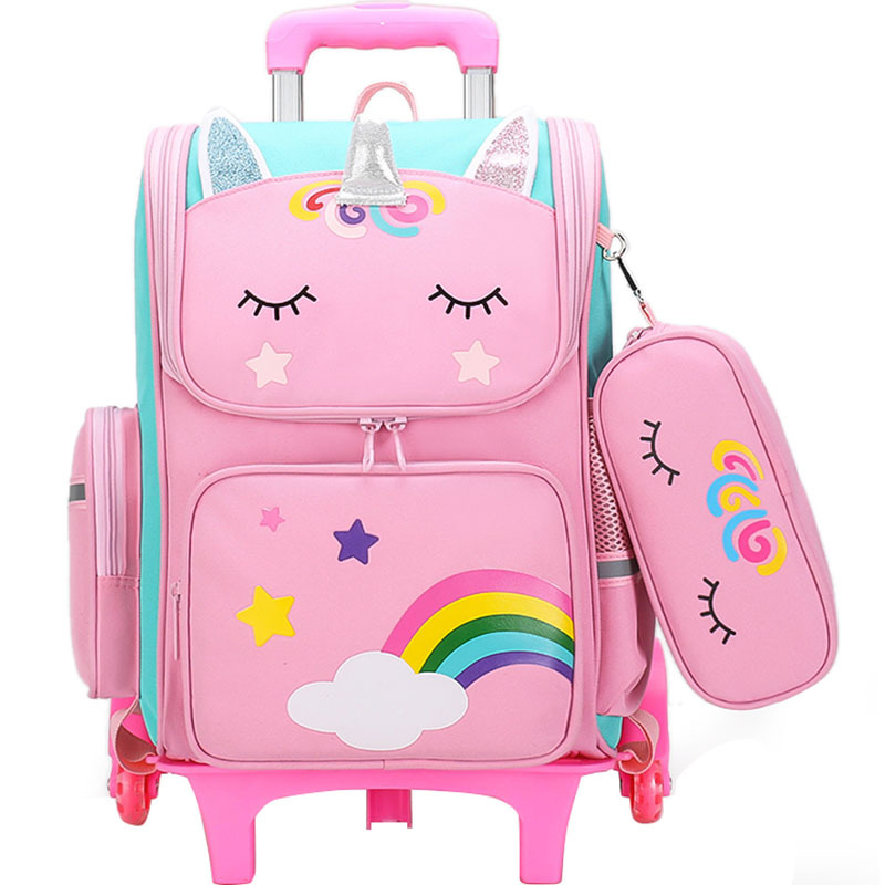 Cartoon-Einhorn-Schultaschen, Rucksack mit Rollen für Mädchen, Trolley-Tasche mit Rollen, für Studenten, Kinder, Rollrucksack, Trolley-Tasche