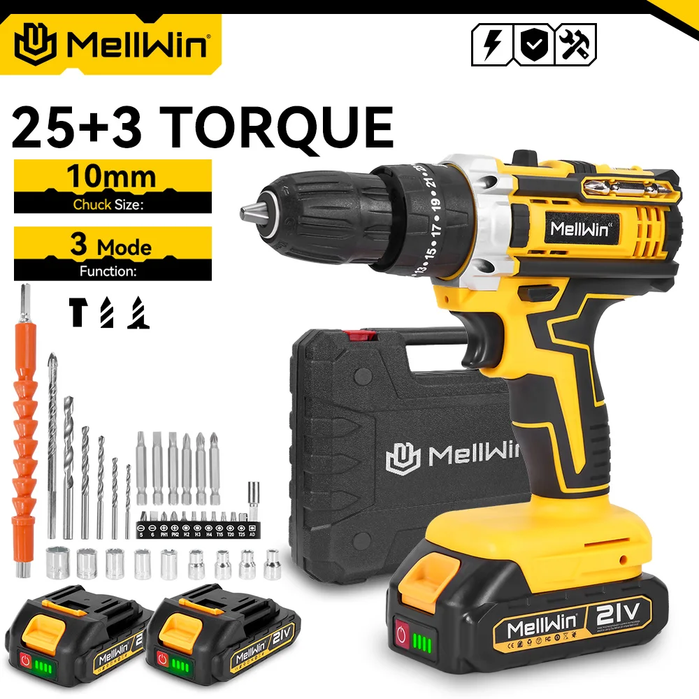 MELLWIN-taladro de impacto eléctrico de 25 + 3 torques, destornillador eléctrico inalámbrico ajustable de 2 velocidades, herramienta eléctrica para Pin de batería Makita de 18V