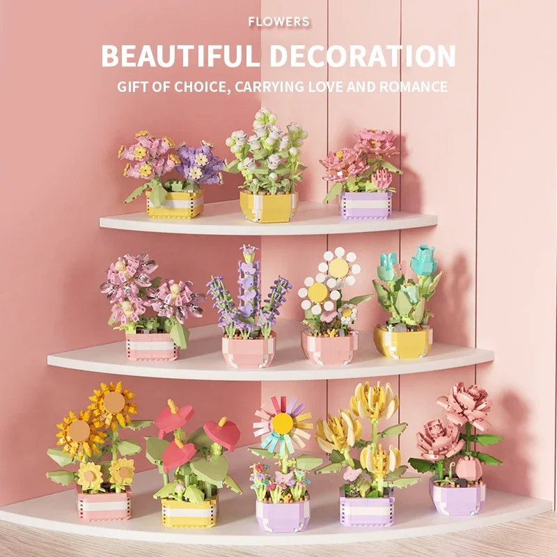 ชุดของเล่นสำหรับเด็กโมเดลต้นบอนไซลายดอกไม้อวบน้ำบล็อกตัวต่อต้นไม้แบบ DIY สำหรับสวนแบบโรแมนติก