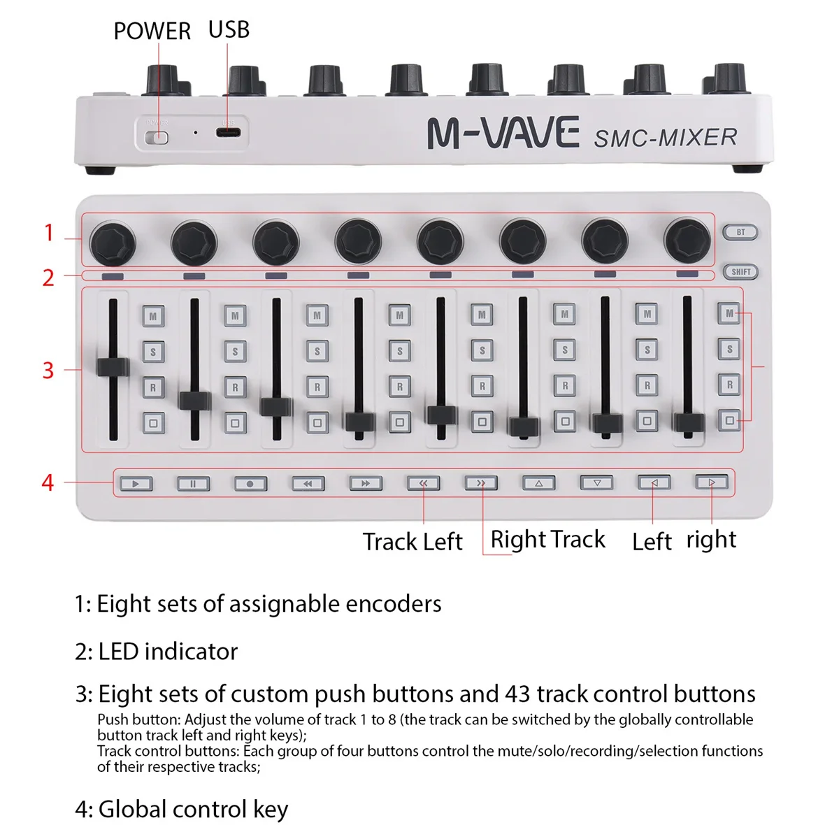 M-VAVE SMC-믹서 무선 MIDI 컨트롤러 믹싱 콘솔 BT 연결 Windows/Mac/Ios/Android용 배터리 유형-C 공급 USB