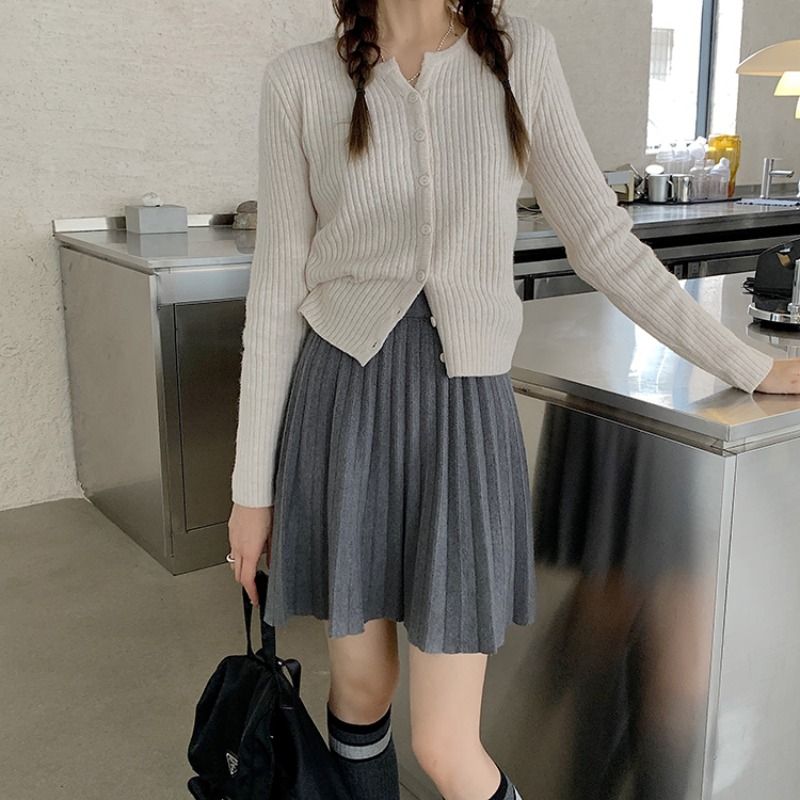 Frühling Süße Gestrickte Rock Frauen Casual Plissee Hohe Taille A-line Mini Weiblichen Rock Weiß Koreanische Mit Elastische Adrette Rock