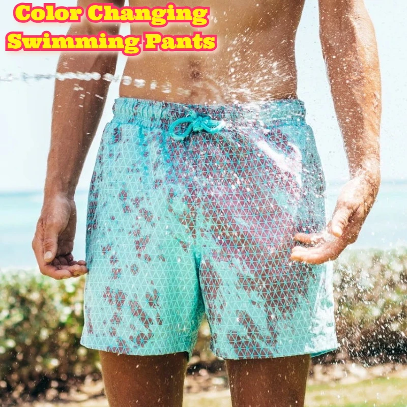 Neue dicke, farbwechselnde Badehose für Herren, große Größe, schnell trocknende Strandshorts, temperaturempfindliche Badebekleidung, plus UV-Schutz