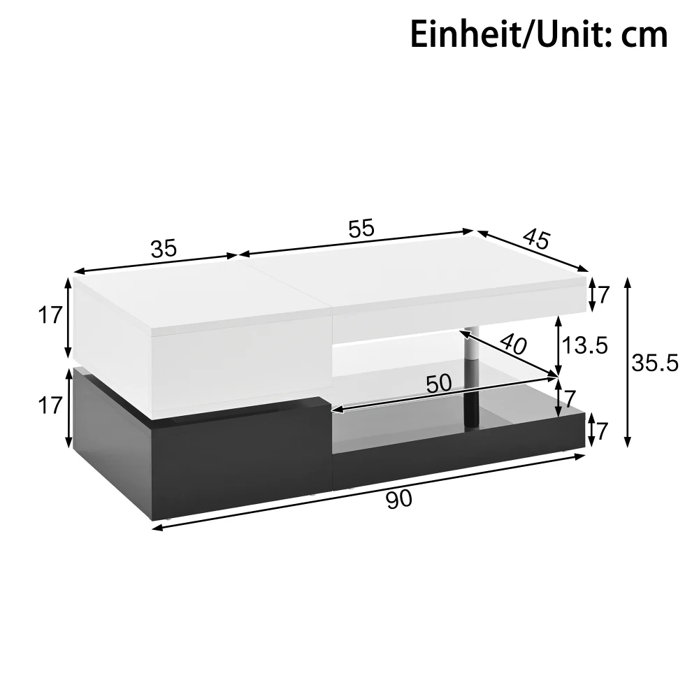Mesa de centro moderna com iluminação ambiente LED, controle APP e Bluetooth, prateleira de vidro e superfície de alto brilho, 90x45x35,5 cm