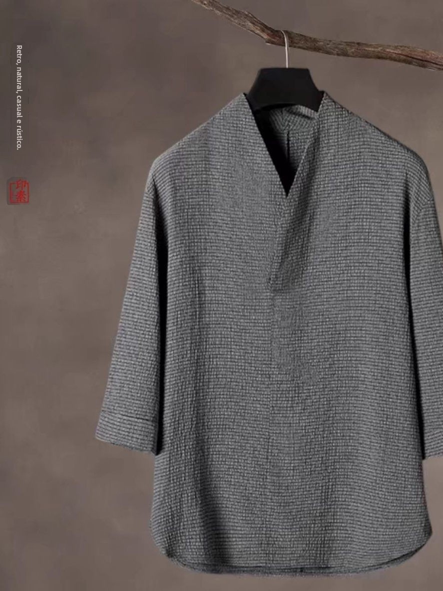 Conjunto de Verão em Seda Gelada Fina: Cseta Casual de Manga Solta e Calça Crida Leve e Respirável para Jovens Homens