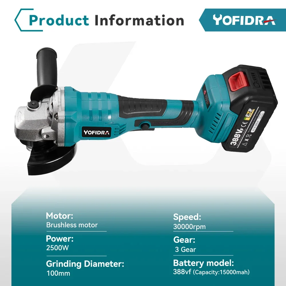Yofidra 2500 W 100 mm bürstenloser Winkelschleifer 3 Gänge Akku-Schneiden Polieren Holzbearbeitung Elektrowerkzeug für Makita 18 V Akku