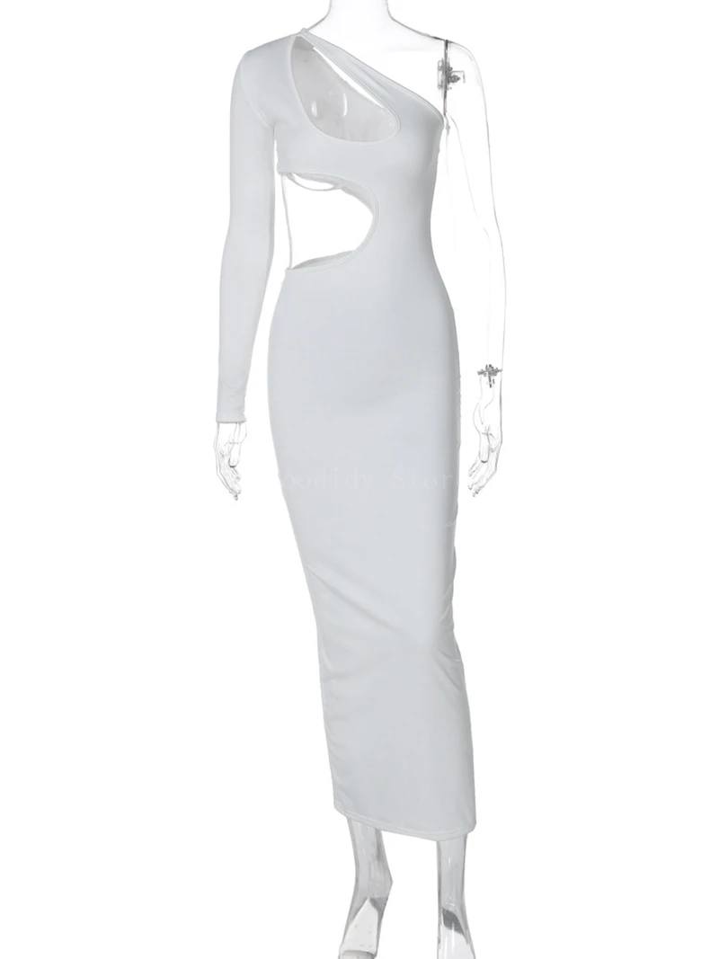 Robe longue sexy à épaules dénudées avec ourlet irrégulier, design évidé, devant rond, document solide, manches longues