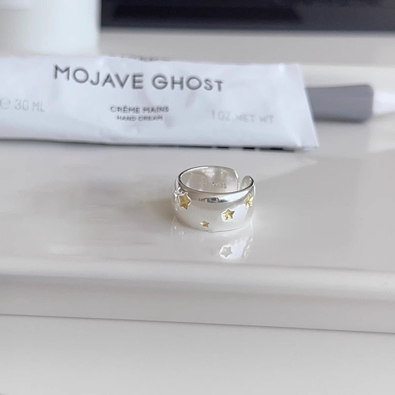 BF CLUB 925 เงินสเตอร์ลิงแหวนแฟชั่นผู้หญิงเรขาคณิต Handmade ไม่สม่ําเสมอ GOLD StarRing Simple Fine Jelwery PARTY คริสต์มาสของขวัญ