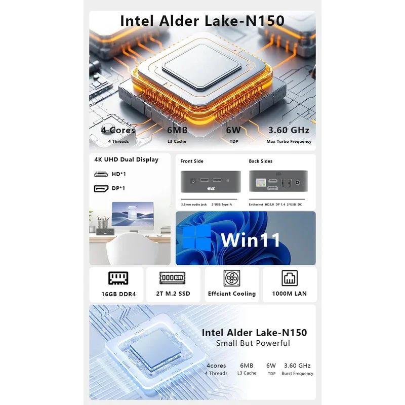Mini PC Win 11 Linux Alder Lake-N N100 N150 HTPC Desktop Computer With HD WI-FI5 DDR4 16GB 512GB SSD Mini PCS For Gaming