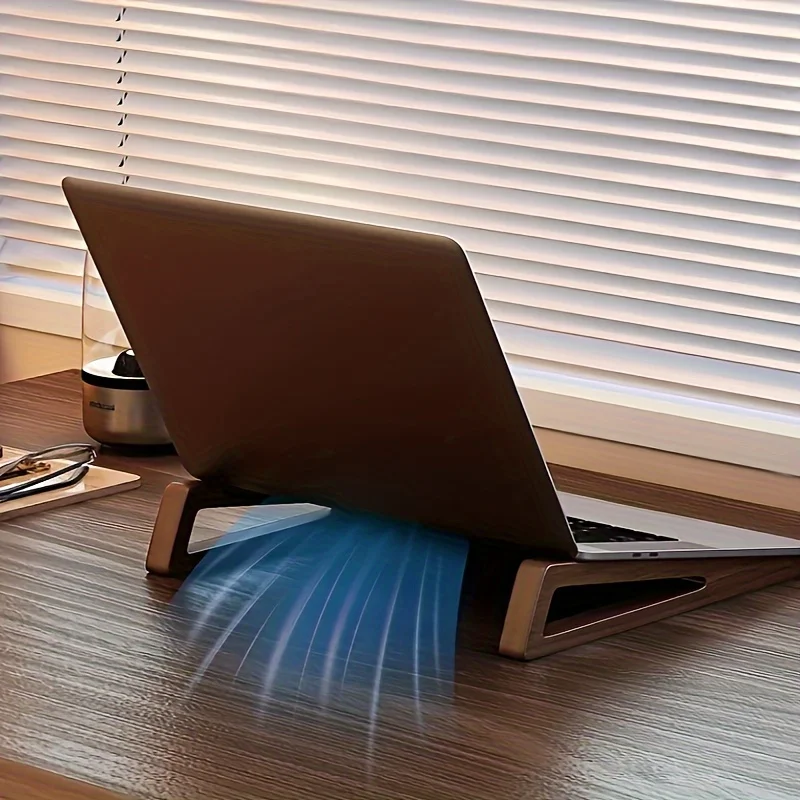 Supporto portatile pieghevole in legno per laptop, ergonomico 12 °   Angolo regolabile, design triangolare con ventilazione di raffreddamento, accessorio per ufficio