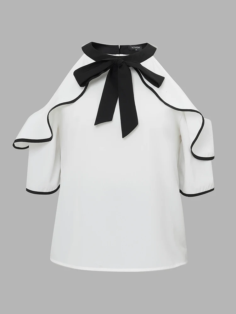 VONDA Atasan Sifon Wanita Blus Elegan Blus Berenda Tambal Sulam 2025 Tunik Ruffle Kasual Pullover Besar Feminina