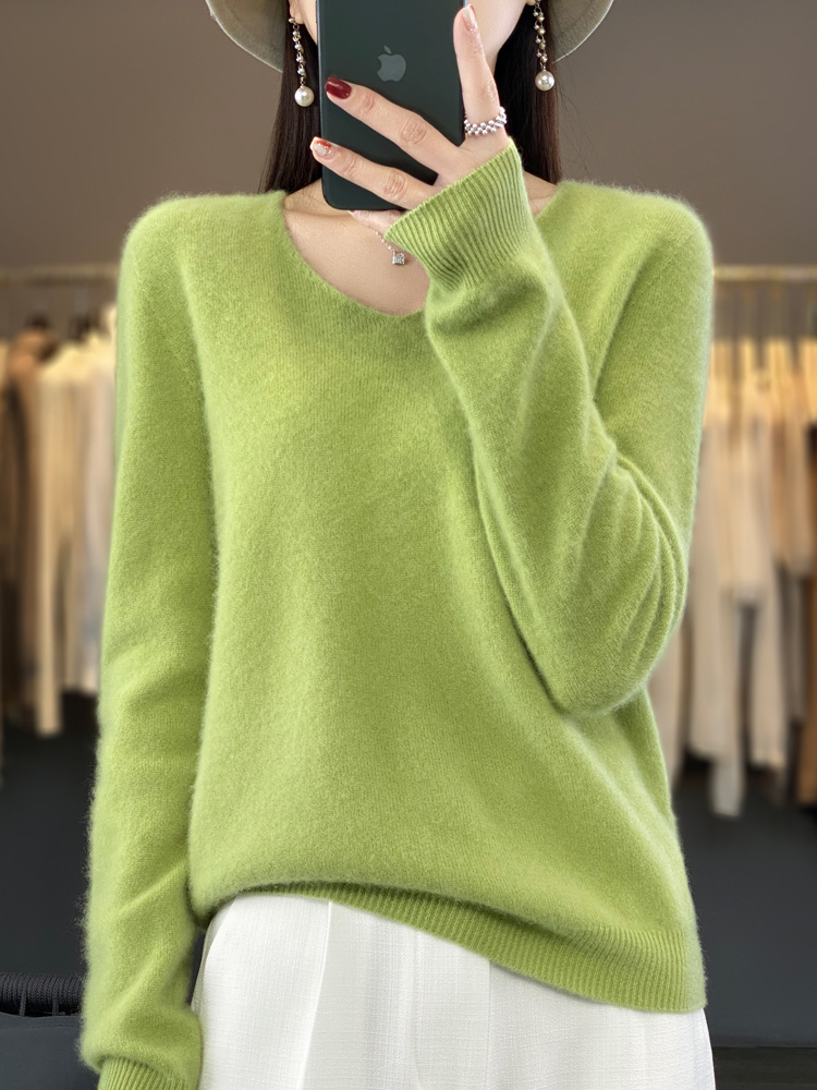Pulôver com decote em v básico feminino 100% lã merino, manga comprida, malha de caxemira, roupas femininas, tops, outono, inverno, novo, 2024