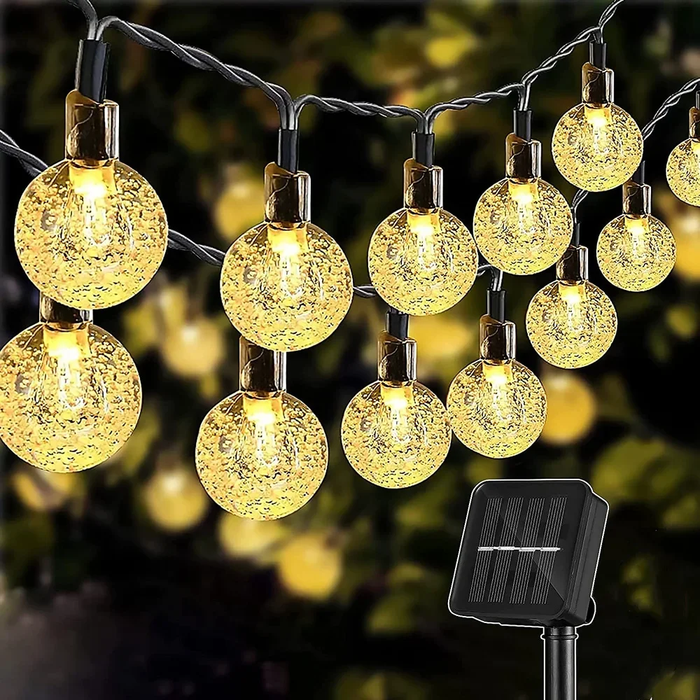 Solar-Kristallkugel-LED-Lichterkette, 60 LEDs, 8 Beleuchtungsmodi, IP65, Lichterkette, Weihnachtsgirlande für Gartenparty-Dekoration