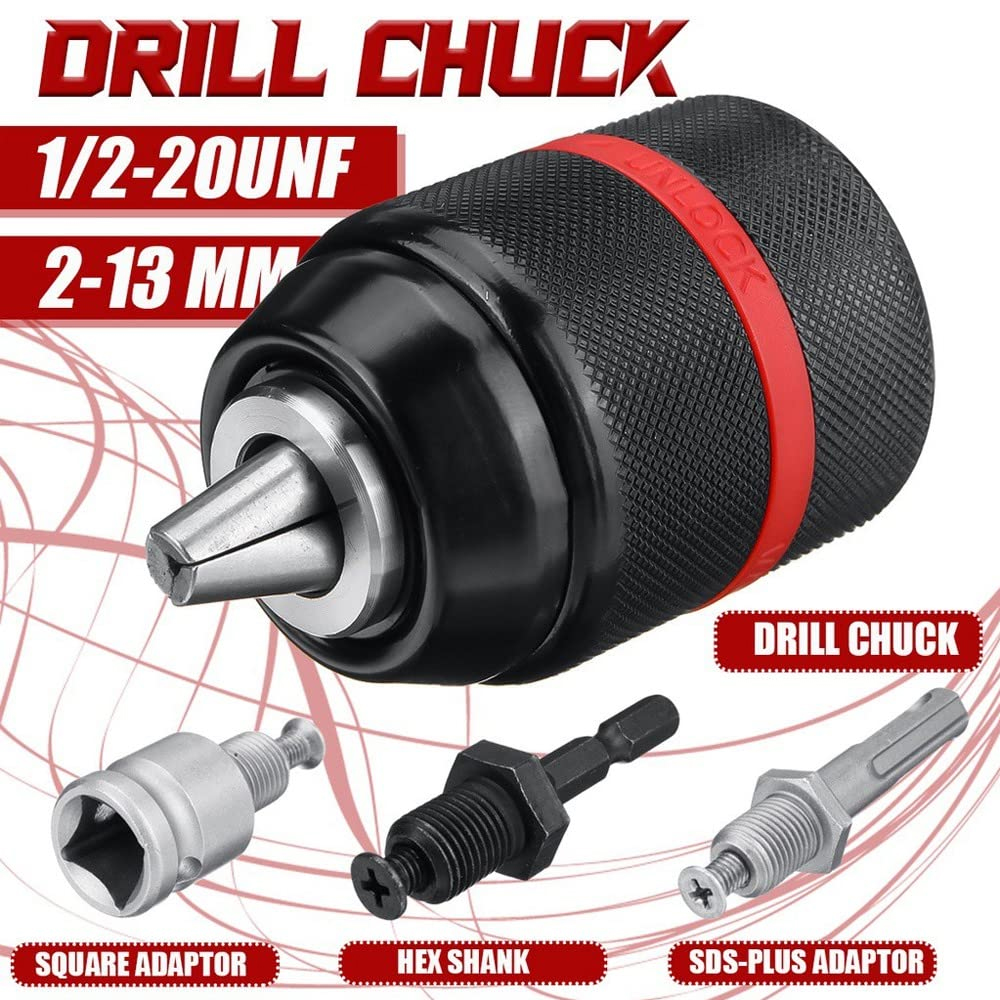 Mandril de broca de metal profissional 1/2-20unf 10mm 13mm metal sem chave resistente auto-apertar broca elétrica com haste sextavada/sds