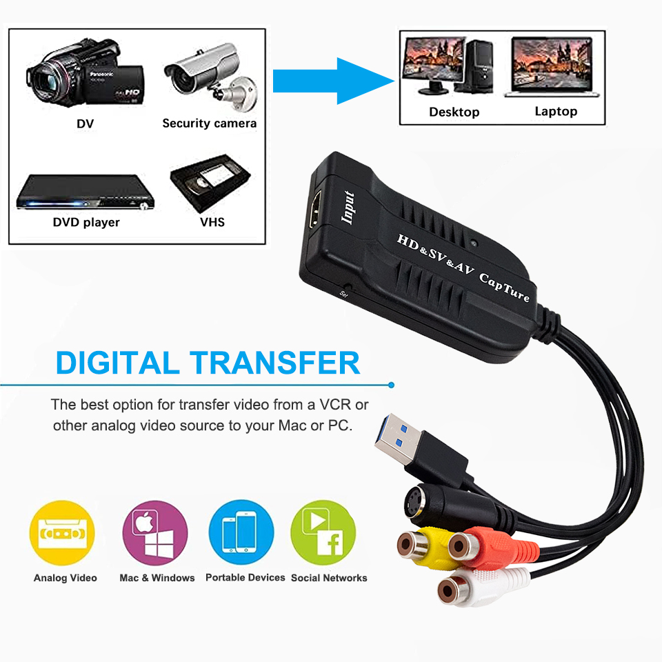 Карта видеозахвата USB2.0 HD/RCA/S-видео в USB-устройство захвата аудио-видео VHS в цифровой преобразователь для Hi8 DVD PS4