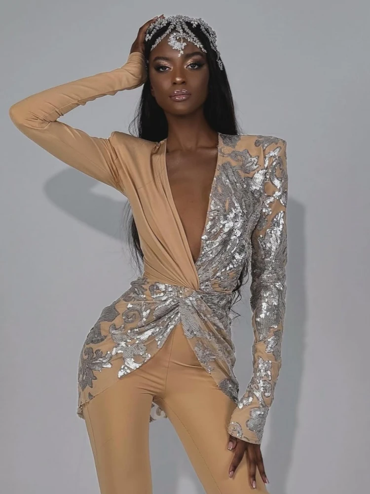 เซ็กซี่ลึก V คอ Sparkly เพชรออกแบบ Jumpsuit ผู้หญิงแขนยาว Draped ขากว้าง Jumpsuit Elegant Evening Club เครื่องแต่งกายรันเวย์