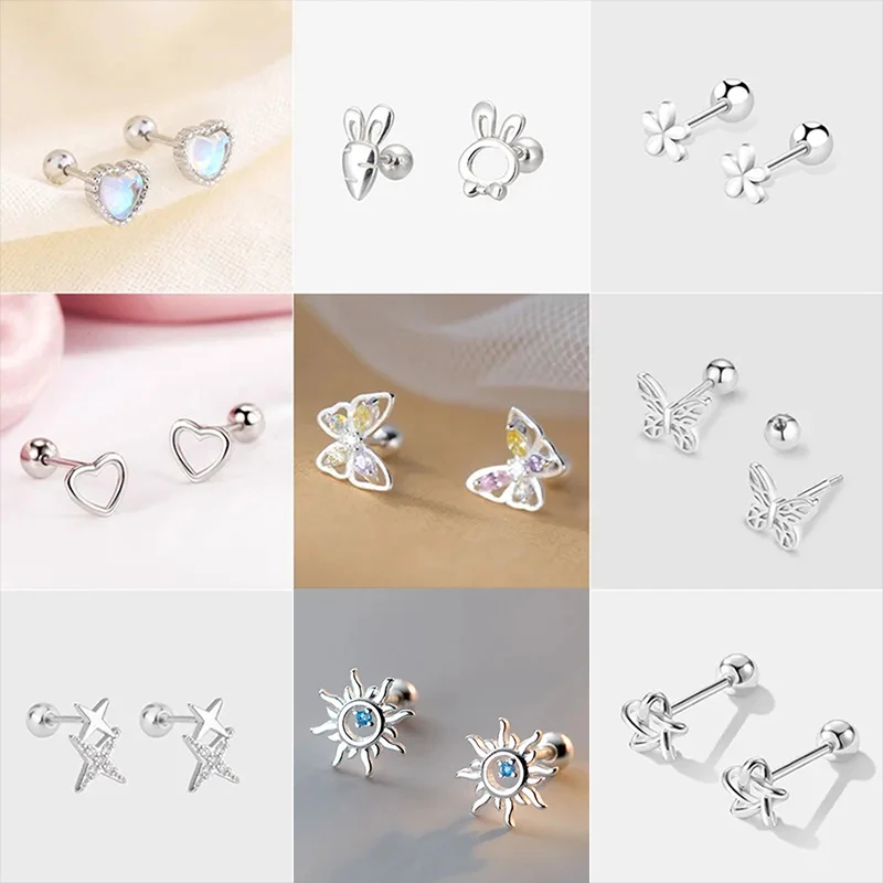 Pendientes coreanos de plata 925 con aguja para mujer, Piercing para el trago, hélice, 2 uds., mariposa, corazón, Piercing para la oreja, joyería para el cuerpo
