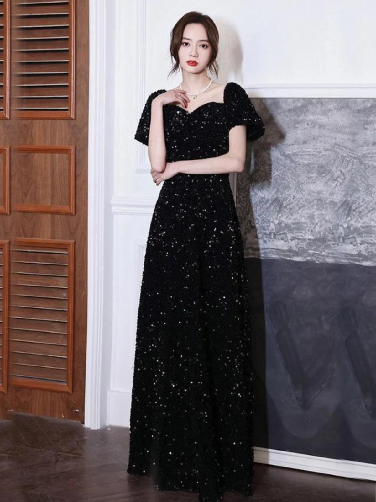 Vestido de Festa E Preto com Lantejoulas para Mulheres, Traje de Apresentadora, Saia em A de Cintura Alta, Manga Curta...