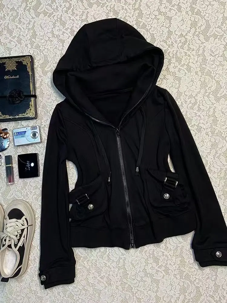 Sudadera con capucha informal para mujer, sudaderas góticas Retro, estilo Punk Hip Hop, cárdigan multifuncional de calle alta, nueva tendencia, color negro