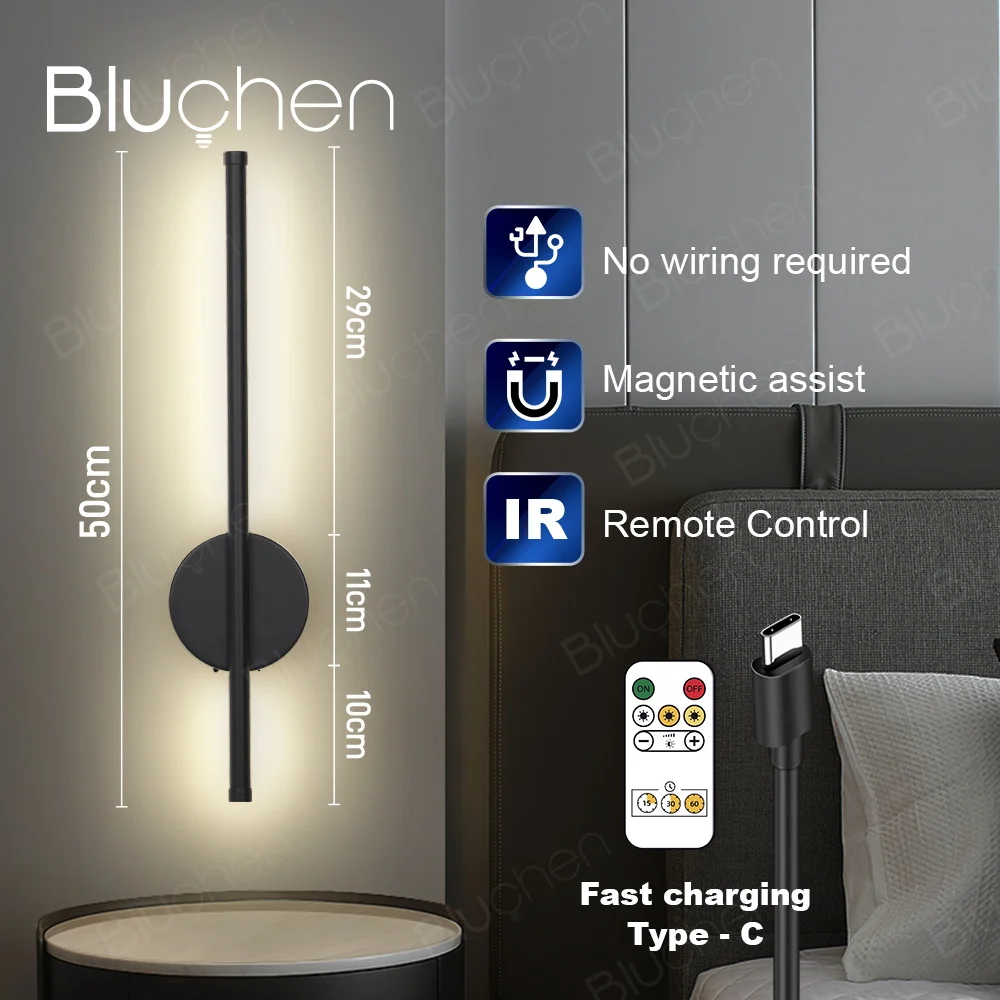 Lâmpada de parede LED sem fio 5V recarregável 50cm 80cm luz de parede com controle remoto moderna lâmpada de cabeceira para quarto preto